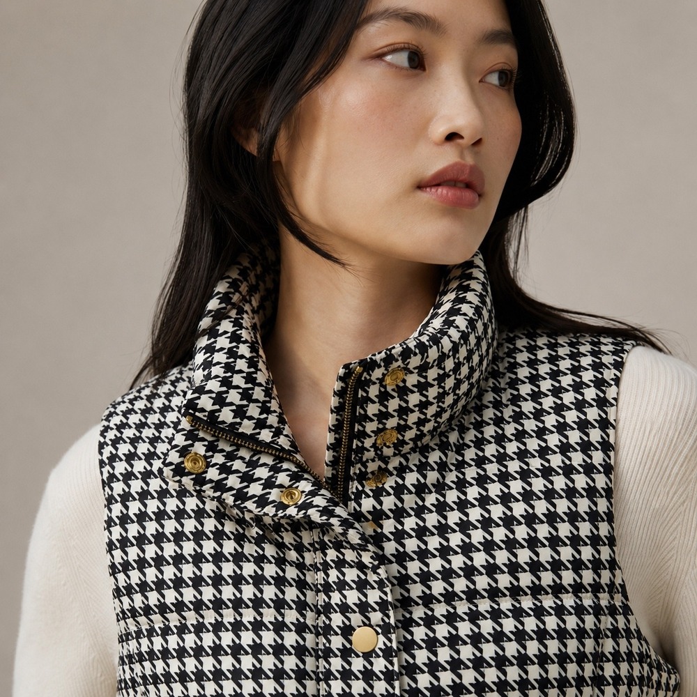 Houndstooth Quilted Puffer Vest Black White Snap Zip Petite 20x25